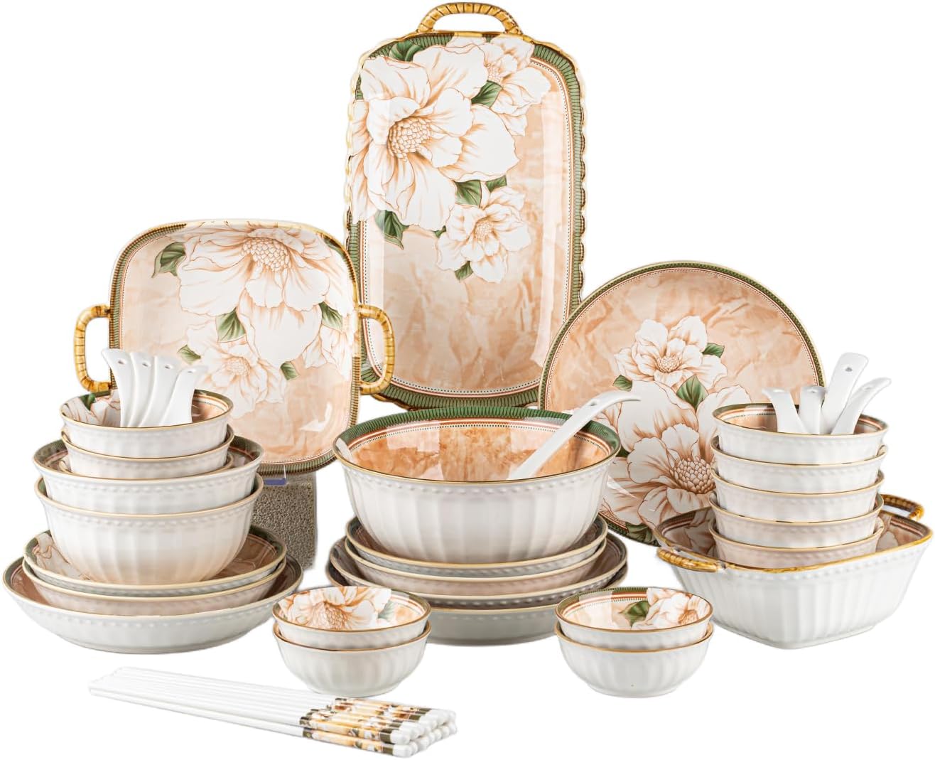 43 Piece Ceramic Dinnerware Set, Microwave & Dishwasher Safe Plates and Bowls with Camellia Pattern, Porcelain Dishware for Kitchen & Dining