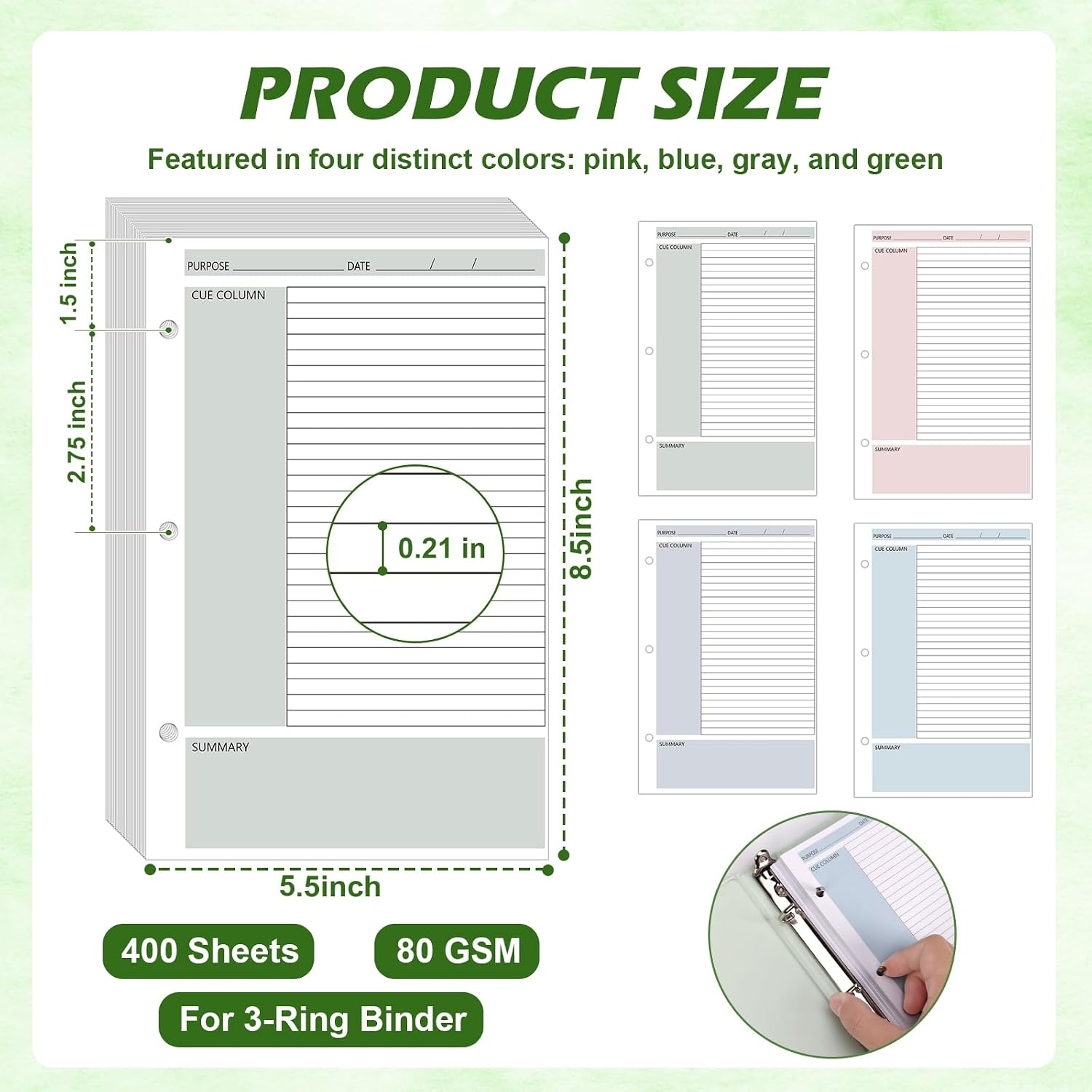 400 Sheet Half Letter Cornell Notes Loose Leaf Paper for 3 Ring Mini Binder 5.5" x 8.5" Lined Paper 9/32" Spacing Cornell Notebook Refills Taking System Filler Paper Bulk for School Office 80gsm image 2