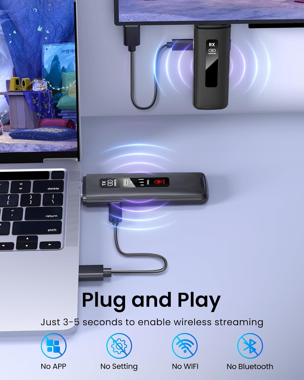 Wireless HDMI Transmitter and Receiver 164ft/50m, 2.4G/5G 4K Decode LED Display Wireless HDMI Extender Kit Plug & Play with Low Latency for Video and Audio from Laptop/PC/TV Box to Monitor/TV (Grey) - Image 2