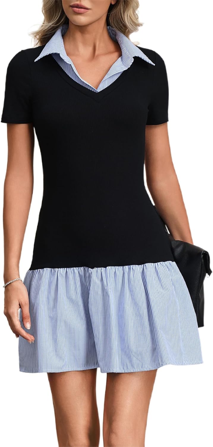 HYPERFIRE Women's Short Sleeve Collared V Neck T Shirt Dress Casual Summer Fitted Work Dresses