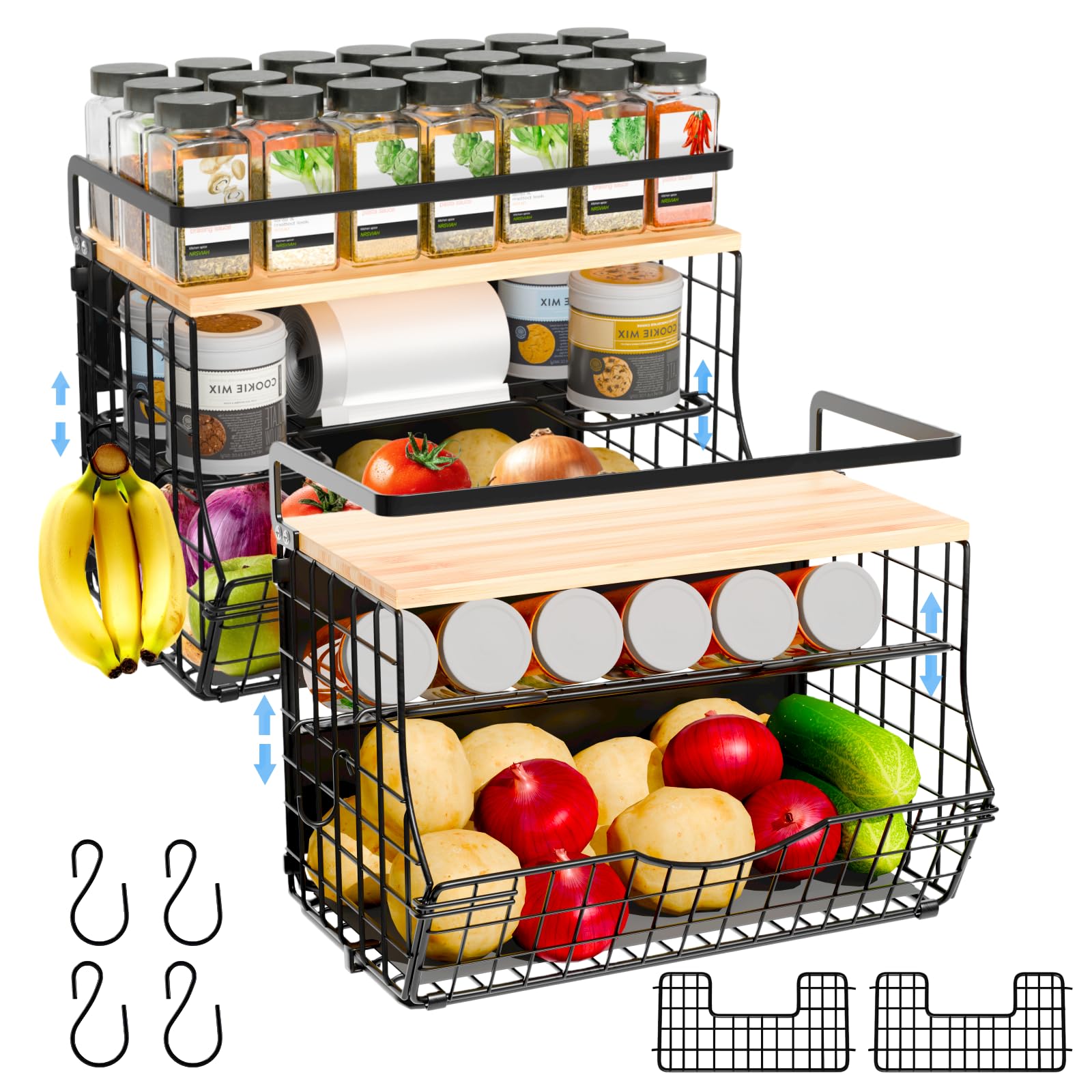 NRSVIAN Magnetic Shelf for Fridge with Wood Lid, Fruit Potato and Onion Storage Bins, Kitchen Large Container Magnetic Spice Rack for Refrigerator, Kitchen Counter, Tools, Snack (BLAKC, 2 Pack)