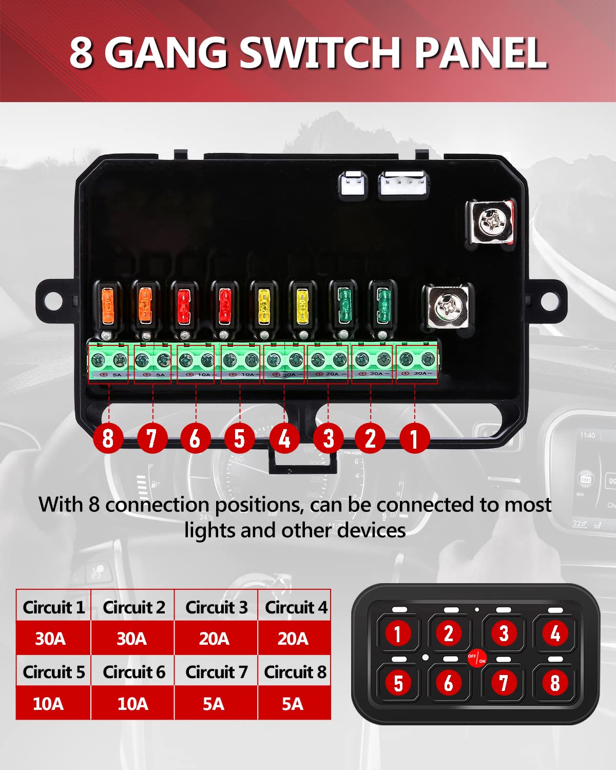 ALAVENTE 8 Gang Universal Switch Controller Panel, Dimmable Electronic Relay Automatic System LED Car Switch Button Touch Screen Circuit Control Box, for Car Truck SUV ATV UTV RV Boat (Blue)