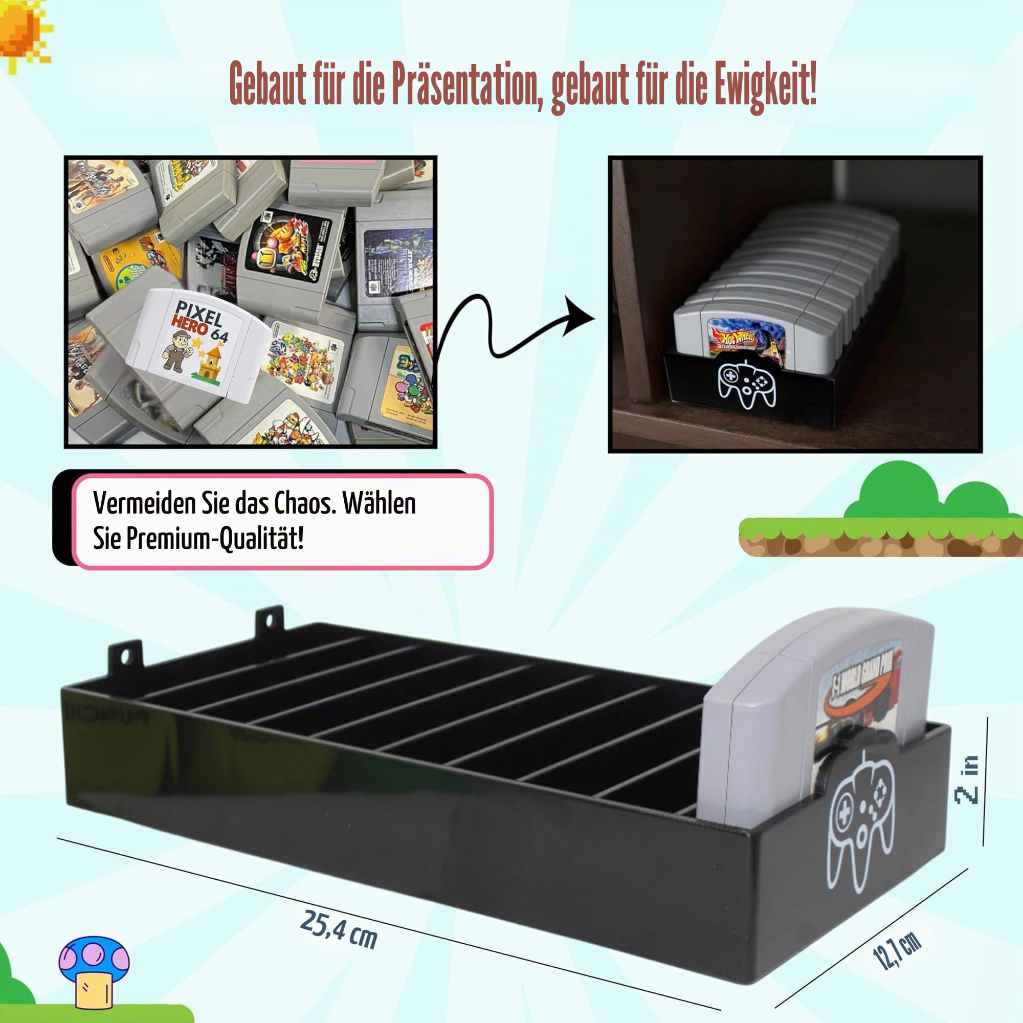 Skywin N64 Spielaufbewahrung – N64 Spielhalter passt und organisiert N64-Patronen – einfaches und stilvolles Design, um Ihre Spielesammlung zu zeigen