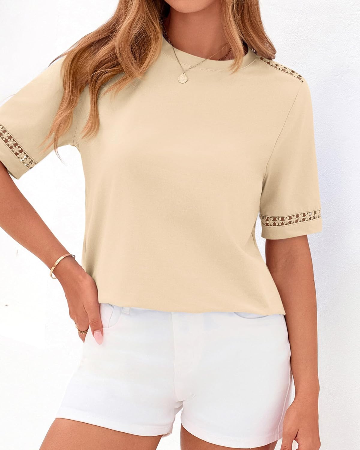 BTFBM Womens Summer Tops Lace Short Sleeve Shirts 2026 Spring Casual Loose Crew Neck Cotton Knit Cute Business Blouses - Image 2