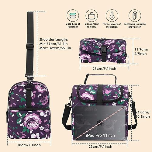 Miniatura 2 de PBRO Lonchera térmica para mujeres, bolsa de almuerzo reutilizable de gran apertura con cinturón de hombro ajustable, bonita lonchera portátil con