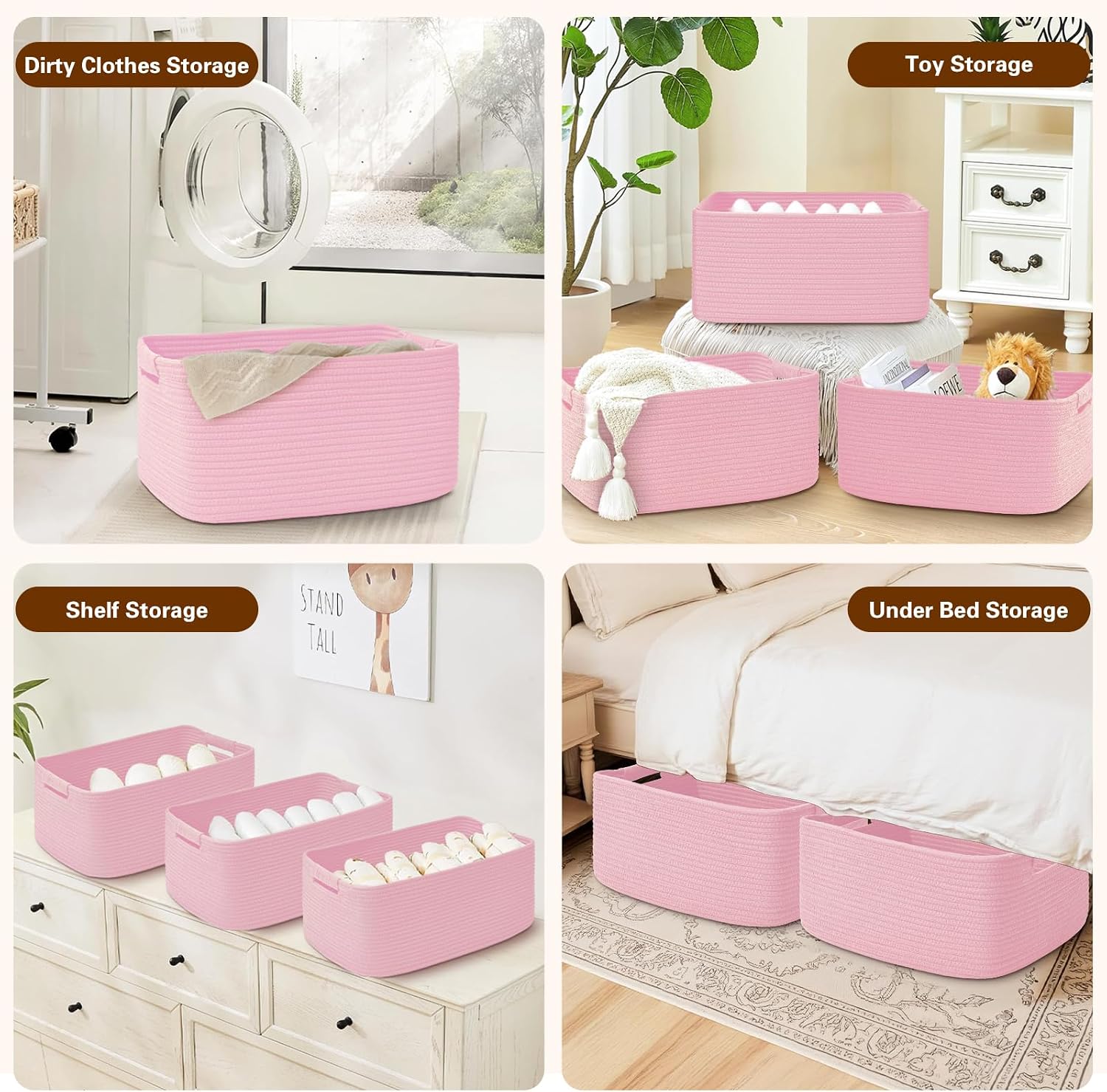2 Pack Large Storage Basket for Organizing, 17.5"x13"x7" Woven Basket for Shelves, Closet Cube Storage Bins with Wrapped Handle, Cotton Rope Baskets for Kitchen, Clothes, Toys(Light Pink) image 4