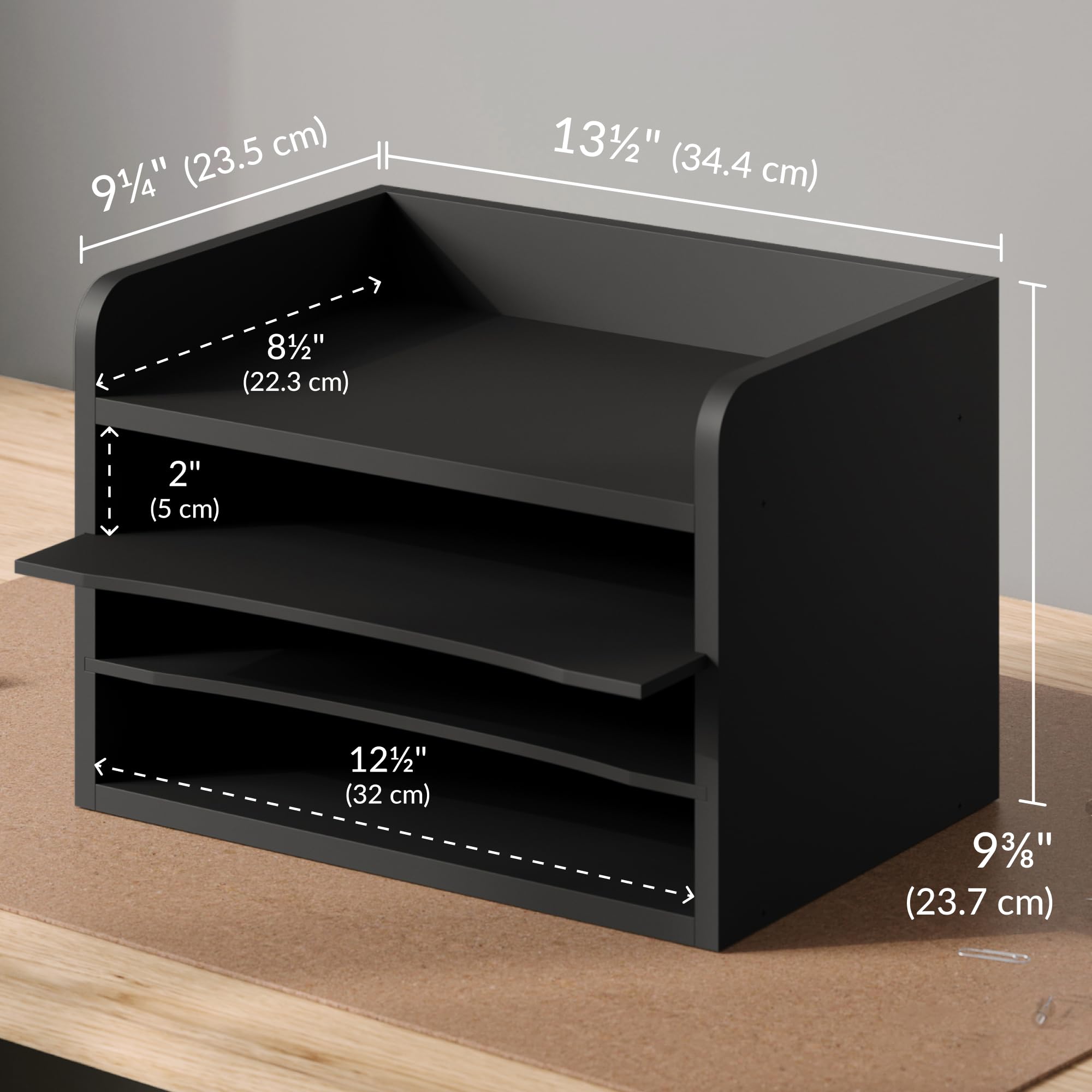 Ballucci Akten-Organizer, 4-stöckig, Büro-Schreibtisch-Organizer, offene Oberseite, Holzpapier-Organizer für Klassenzimmer, Postsortierer, Papierablage mit verstellbaren Ablagen, Schwarz