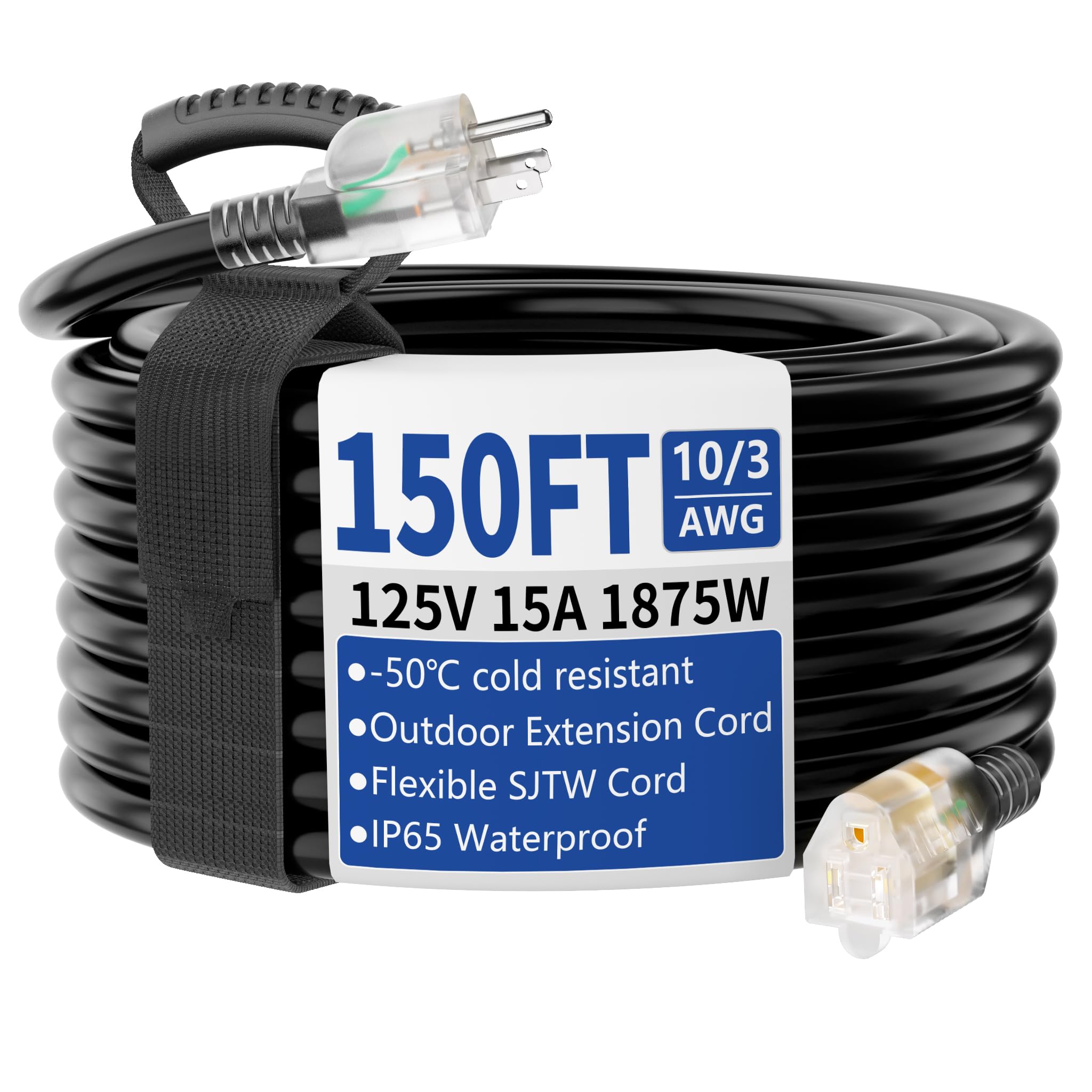 Cismorvex 150ft Outdoor/Indoor Extension Cord with Lighted 10 Gauge, Black