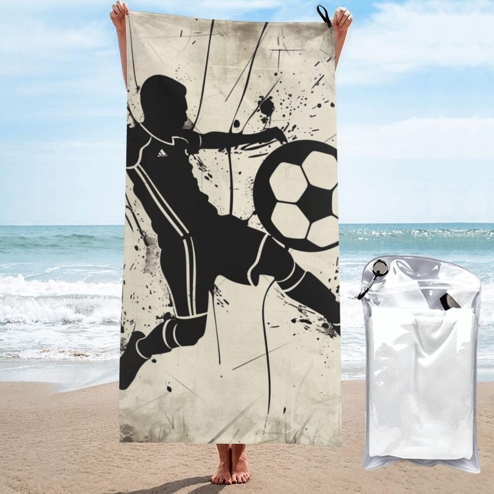 BWWHCCTI I Love Soccer Printed Microfiber Quick Dry Beach Towel 80x160 CM, Fast Drying Bath Towels with Bags for Travel,Camping,Gym,Beach,Swimming,Yoga