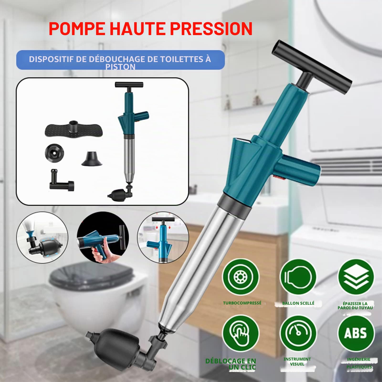 Déboucheur WC 5-en-1 à Air Comprimé | Ventouse Haute Pression pour Toilette/Lavabo/Baignoire | Anti-Bouchons Cheveux/Papier | Kit Pro avec Spirale (Bleu)