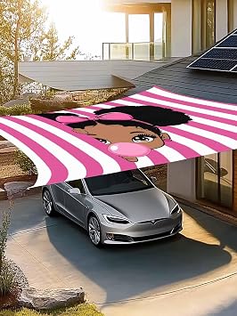 African Girl Sun Sail Shades Rectangle Canopy,Sunlight Block Heavy Duty Curved Backyard Shade Cover,Afro American Black Girl with Bubble Pink Stripes Waterproof Sun Shades for Patios Garden 14'x18'