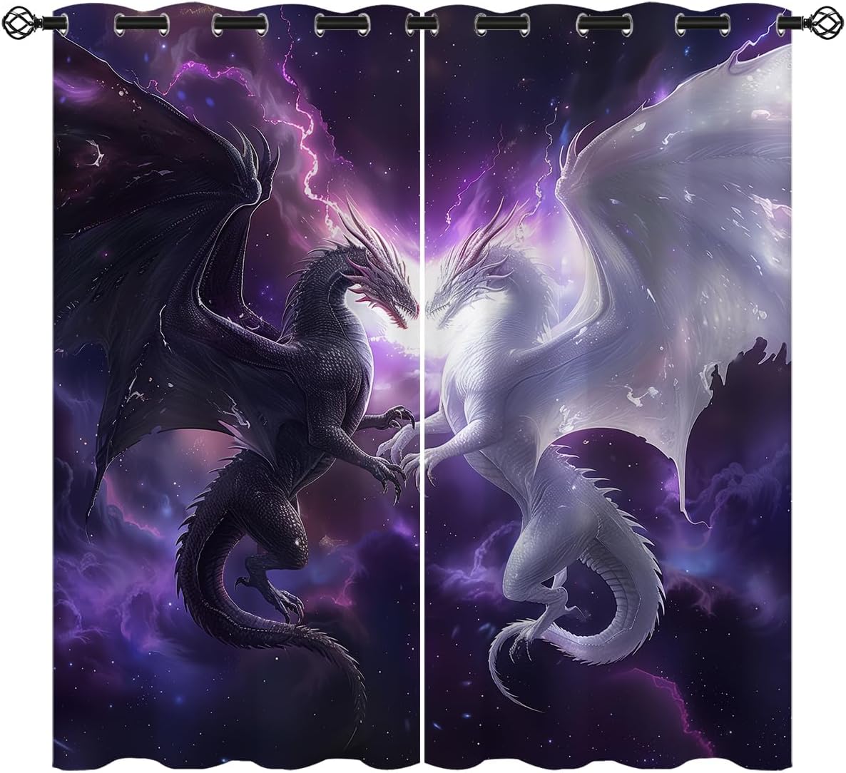 Dragon Blackout Curtains for Girls Boy Home Decor, Medieval Mythical Black White Dragon Purple Grommet Thermal Insulated Drapes Darkening Window Curtain for Bedroom Living Room, 72 x 63 Inch