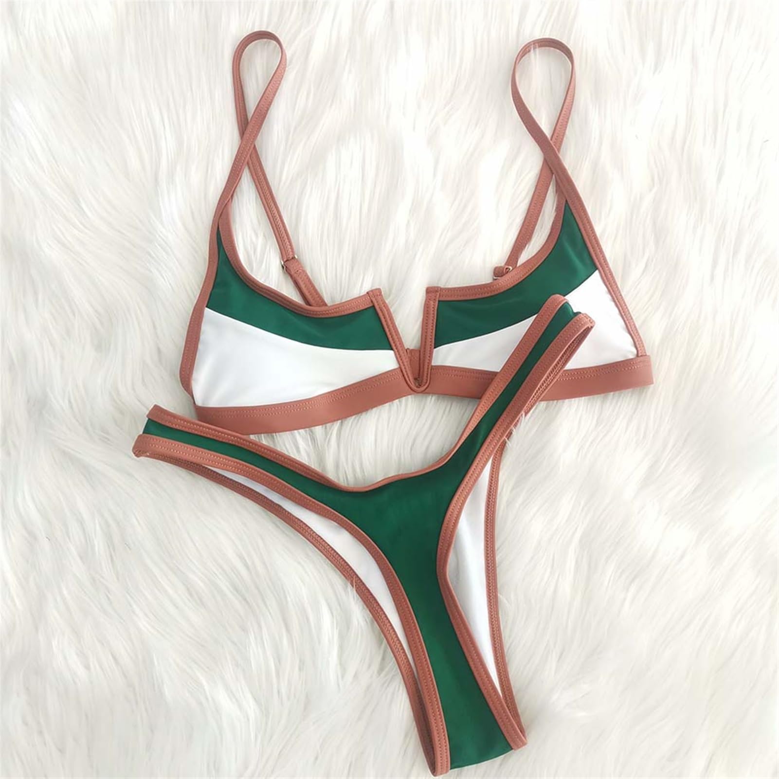Vintage Retro Bikini Patchwork Traje De Baño Tanga Brasileño Sexy Traje De Baño Femenino Verano Micro V-Bar Verde Trajes De Baño