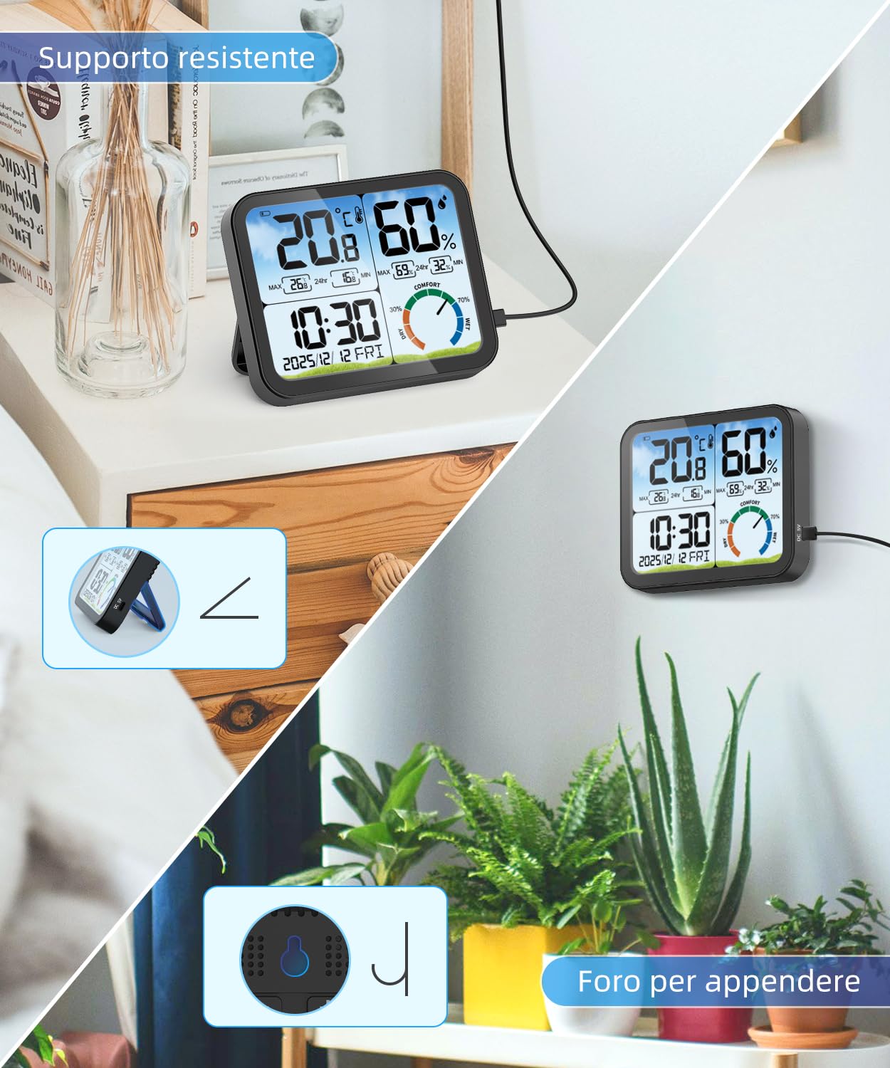 VOCOO Termometro digitale per interni – 5,8 pollici,display extra grande,misuratore di umidità accurato,termometro per ambiente con calibrazione,registrazioni max-Min,comfort,controluce,data (Black)