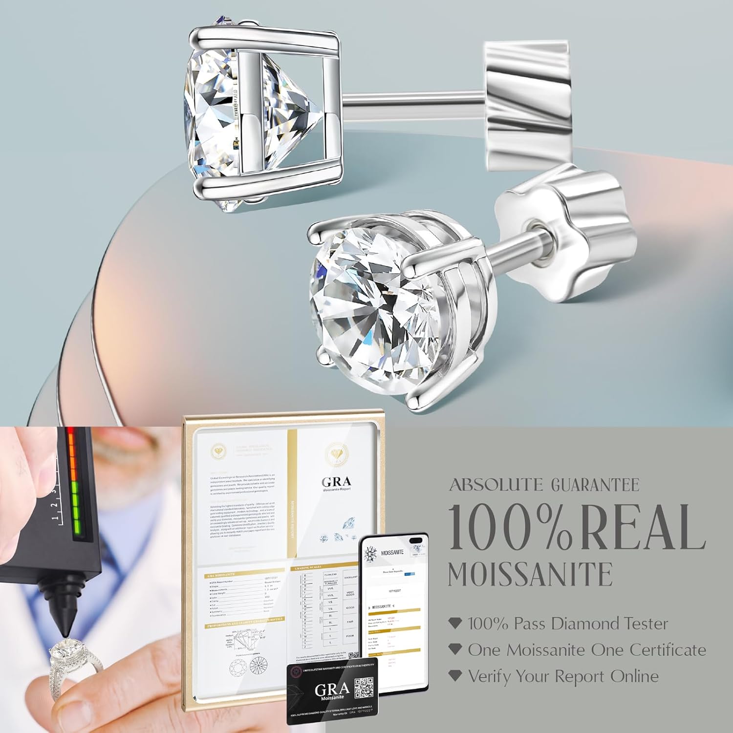 Moissanite Earrings, Hypoallergenic Flat Back Earrings for Women Men, Screw On Studs 925 Sterling Sliver Cartilage Earring for Sensitive Ears 4mm Short Post - Image 2