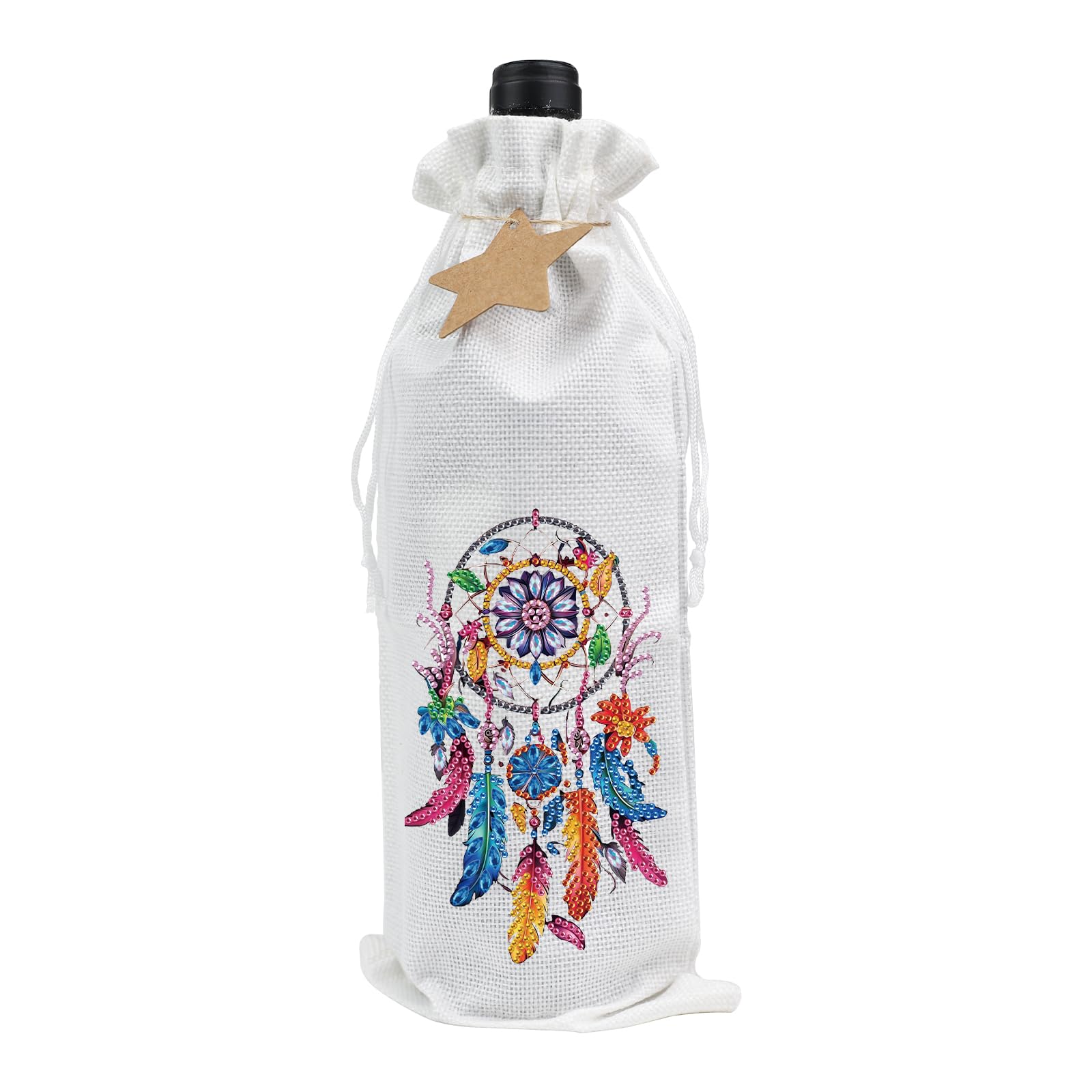 AiYuanzsh DIY 5D Diamond Painting Wine Bottle Gift Bag, Rhinestone Diamond Art Wrapping Pouch, Handmade Linen Wine Holder with Dream Catcher Design,
