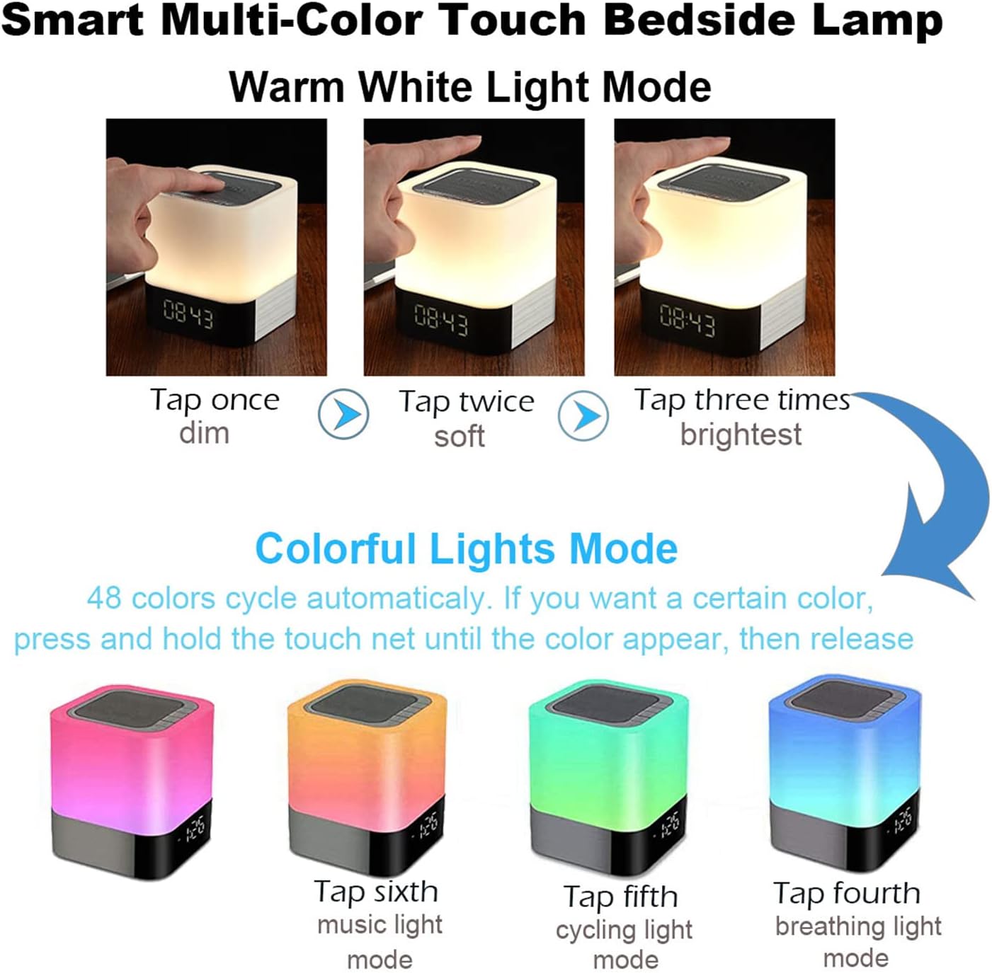 Instructions for touch control of light modes: tap once for dim, twice for soft, three times for brightest warm white, and press and hold for colorful lights.