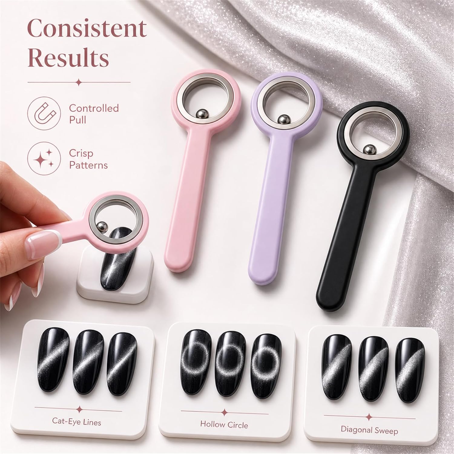 Cat Eye Magnet for Nails, 2-in-1 Ring and Ball Nail Magnet Tools for Cat Eye Gel Polish, Hollow Circular Magnetic Nail Art Wands for DIY Manicure, Beginners and Nail Artists- 3 Pack