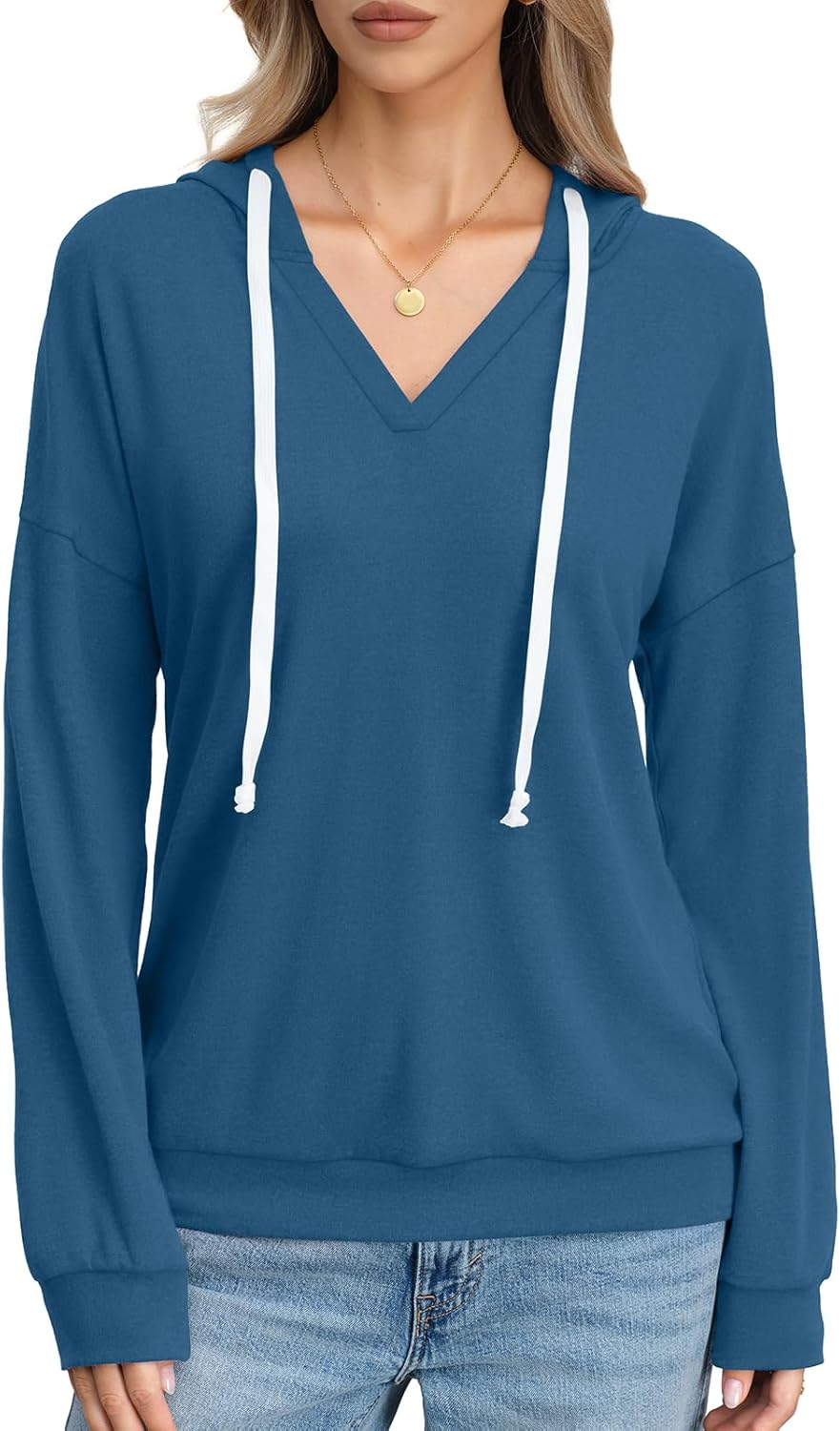 Womens V Neck Hoodie Lightweight Long Sleeve Sweatshirts Casual Loose Drawstring Pullover Fall Fashion Top 2026 - Image 4