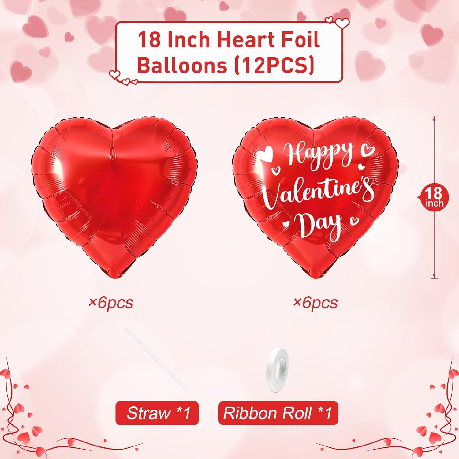 Valentines Day Balloons, 18Inch Happy Red Valentines Balloons, Red Heart Foil Balloons, 12PCS Love Heart Shaped Helium Balloon for Romantic Celebrations Valentines Day Anniversary Party Decoration - Image 2