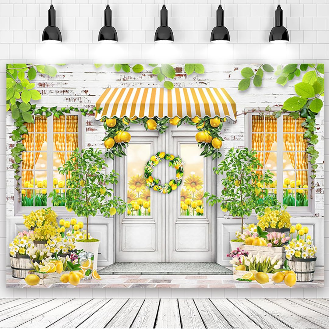 8x6ft Lemon Shop Backdrop Lemonade Party Decorations Photography Background Summer Lemon Stand Market Theme Birthday Portrait Cake Smash Banner Photo