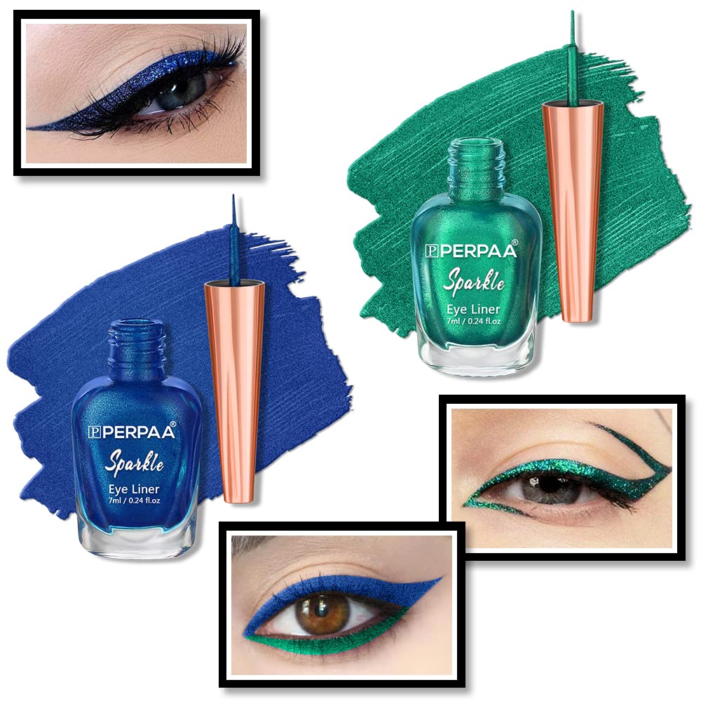PERPAA® Glitter Waterproof Eyeliner for Women and Girls | Long-Lasting, Smudge-Proof Liquid Eye Makeup | Quick-Dry Metallic Finish Eye Liner with Fine Tip, 7 ml Each (Combo of 2, Green, Royal Blue)-picture-16
