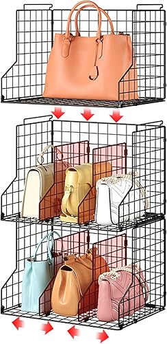 Miniatura 9 de Organizador de almacenamiento de bolsos para armario organizador de bolsos divisores ajustables, cestas de almacenamiento apilables de alambre,