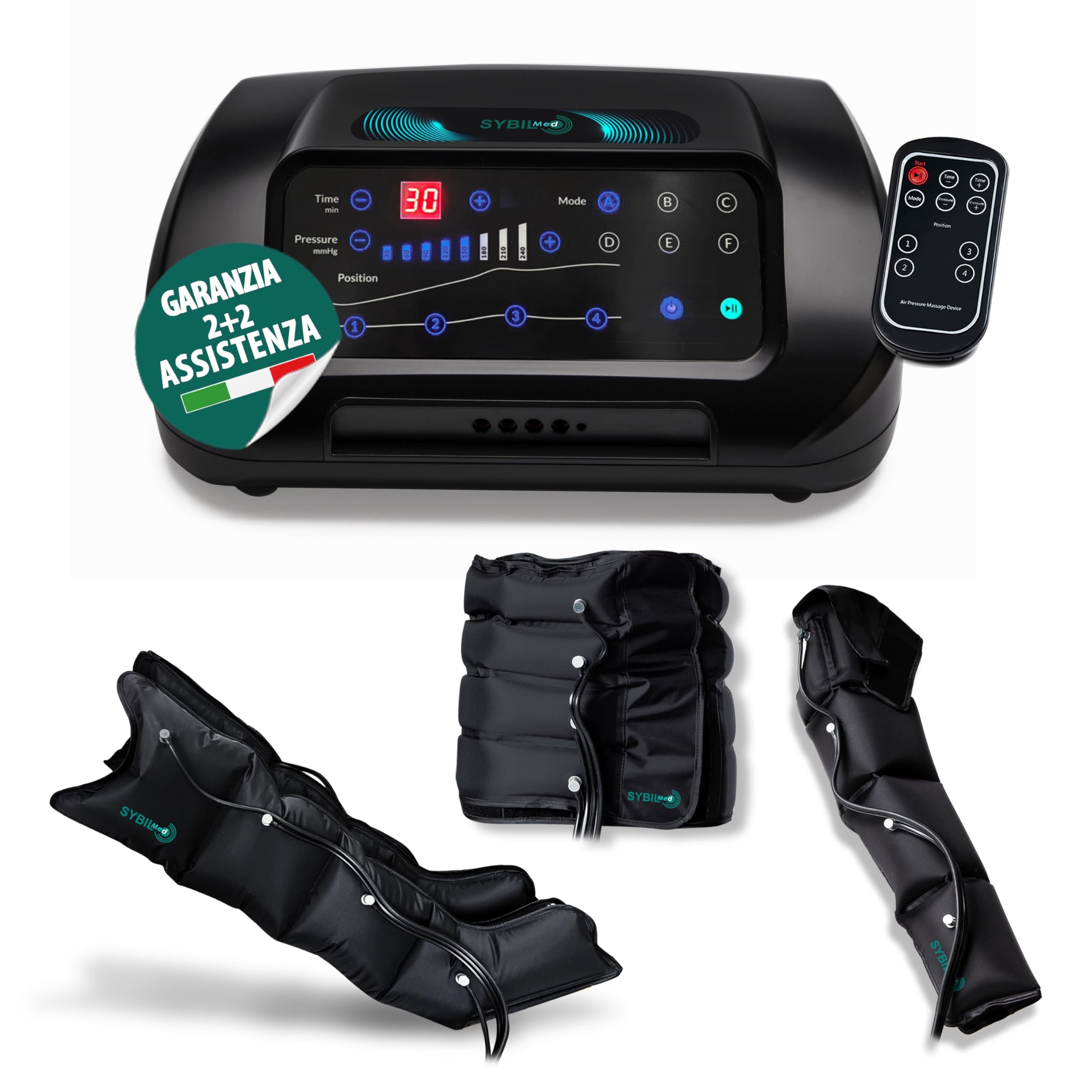 ELITE 4 Pressoterapia Linfodrenaggio Professionale Digitale, Pressoterapia Per Casa e Recupero Sportivo, 4 Camere D'aria con 2 Gambali, Fascia Addominale e Bracciale