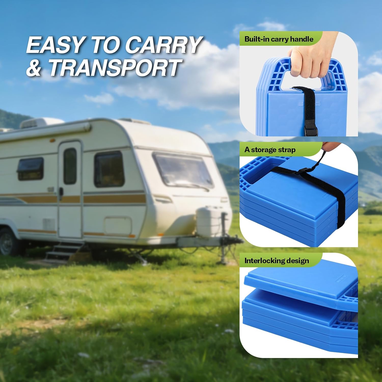 RVMATE RV Stabilizing Jack Pads, 4-Pack Interlocking Trailer Jack Support Pads with Storage Strap, UV Stabilized Polypropylene Heavy-Duty RV Jack Pads for Camper, Trailer