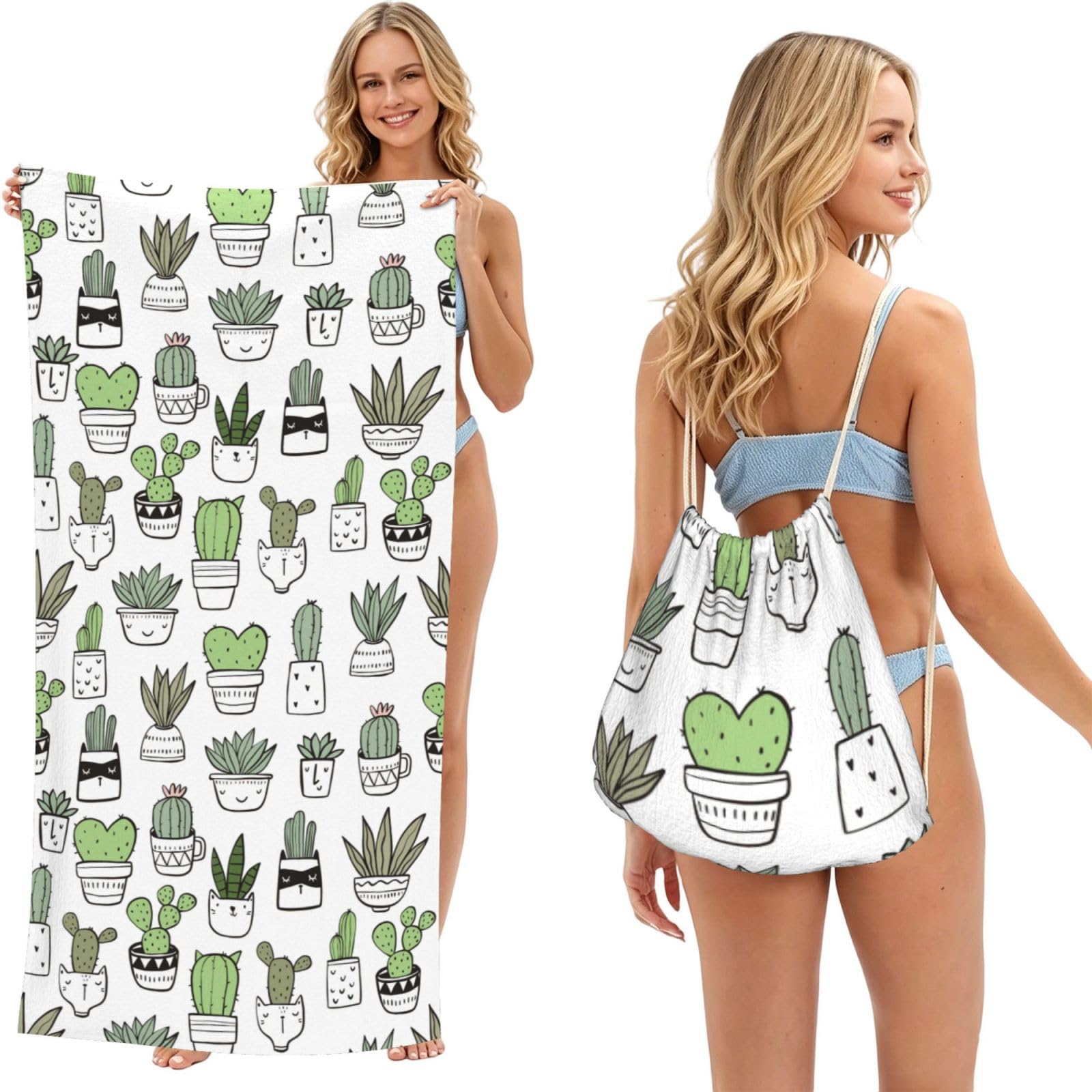 Poadnly As Picture Hand Drawn Cactus Print, 2 In 1 Packable Towel Bag, Beach Towels With Drawstring Backpack For Travel Holiday Camping