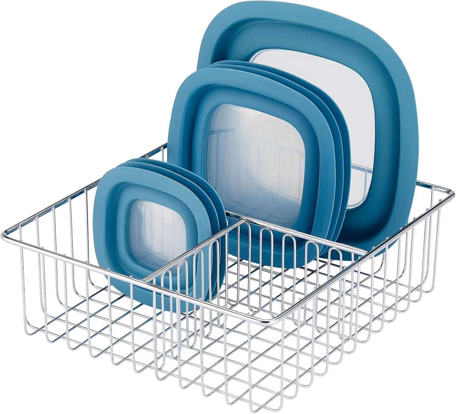 mDesign Metal Kitchen Food Storage Container Lid Holder, 3-Compartment Organizer Bin for Organization in Kitchen Cabinets, Cupboards, Pantry Shelves, Drawers - Wide - Chrome