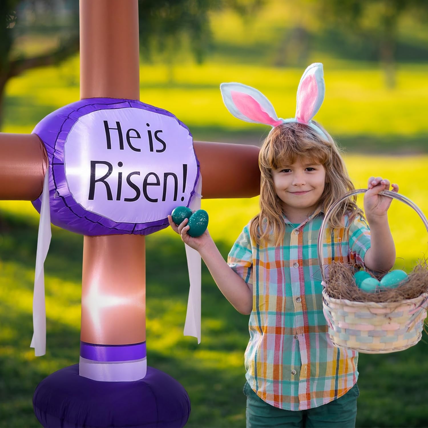6FT Easter Inflatable Outdoor Decorations He is Risen Cross Blow up Yard Decorations with Built-in LED Lights Christian Easter Decor for Garden Lawn Indoor Outdoor Spring Holiday Party