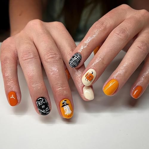 Uñas postizas a presión de Halloween con diseños de calabaza, fantasma, Halloween, uñas postizas cortas de color naranja brillante, uñas cuadradas