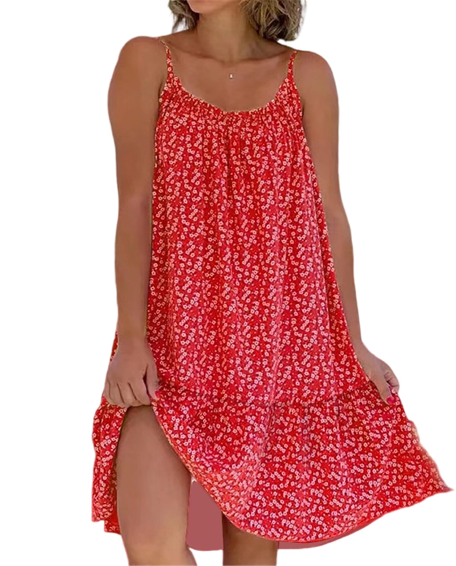 AELSON Women's Summer Casual Dress Floral Printed Sleeveless Mini Dress Spaghetti Strap Beach Dresses Small Red