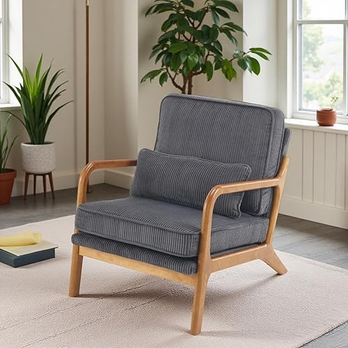 Miniatura 20 de VINGLI Silla decorativa de pana de alta calidad, con reposabrazos tapizada, cómoda silla de lectura de madera maciza con almohada lumbar, sillas