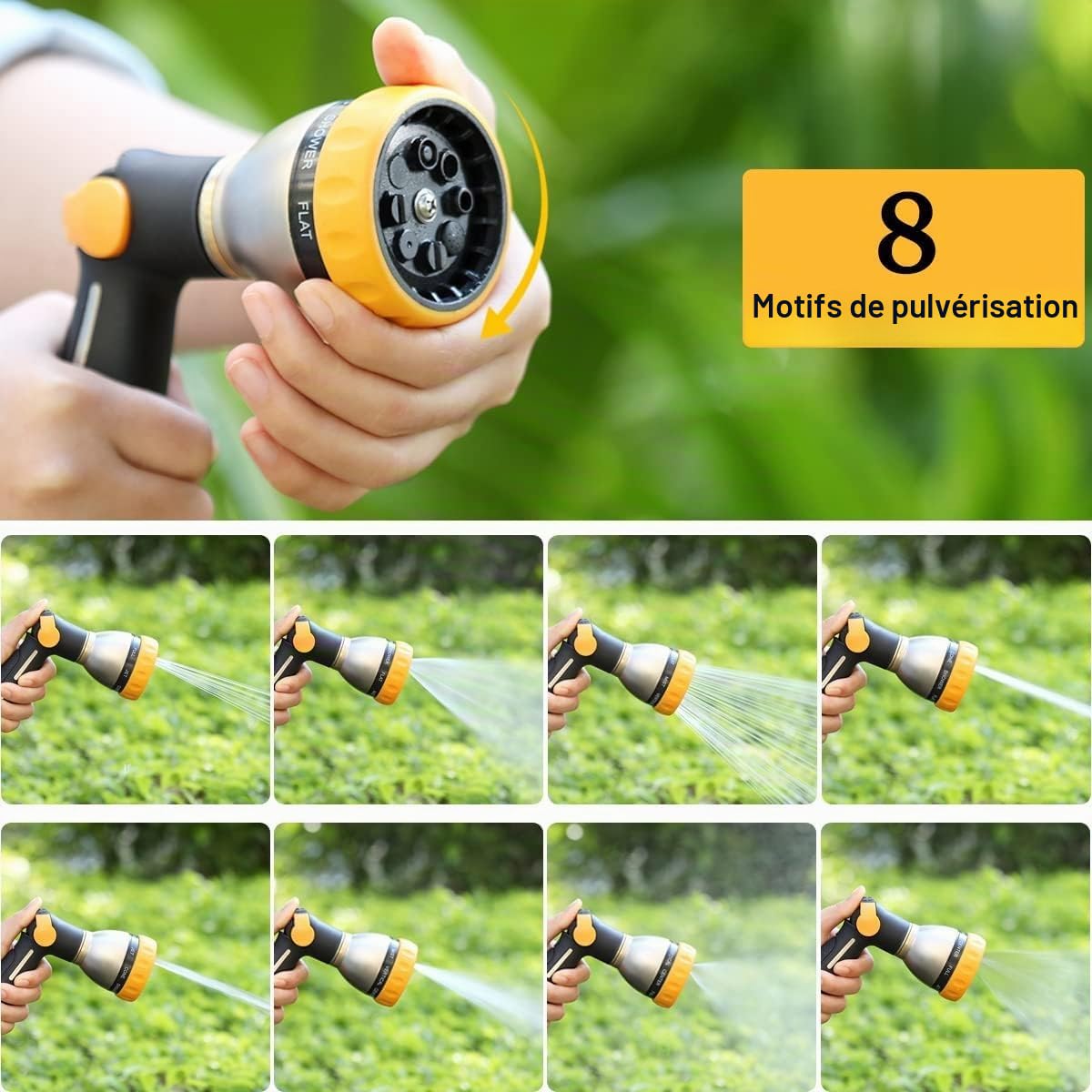 FANHAO Pistolet arrosage, buse de pulvérisation métallique 100% robuste avec commande par le pouce, buse à eau haute pression avec 8 modèles de pulvérisation réglables pour arroser les plantes