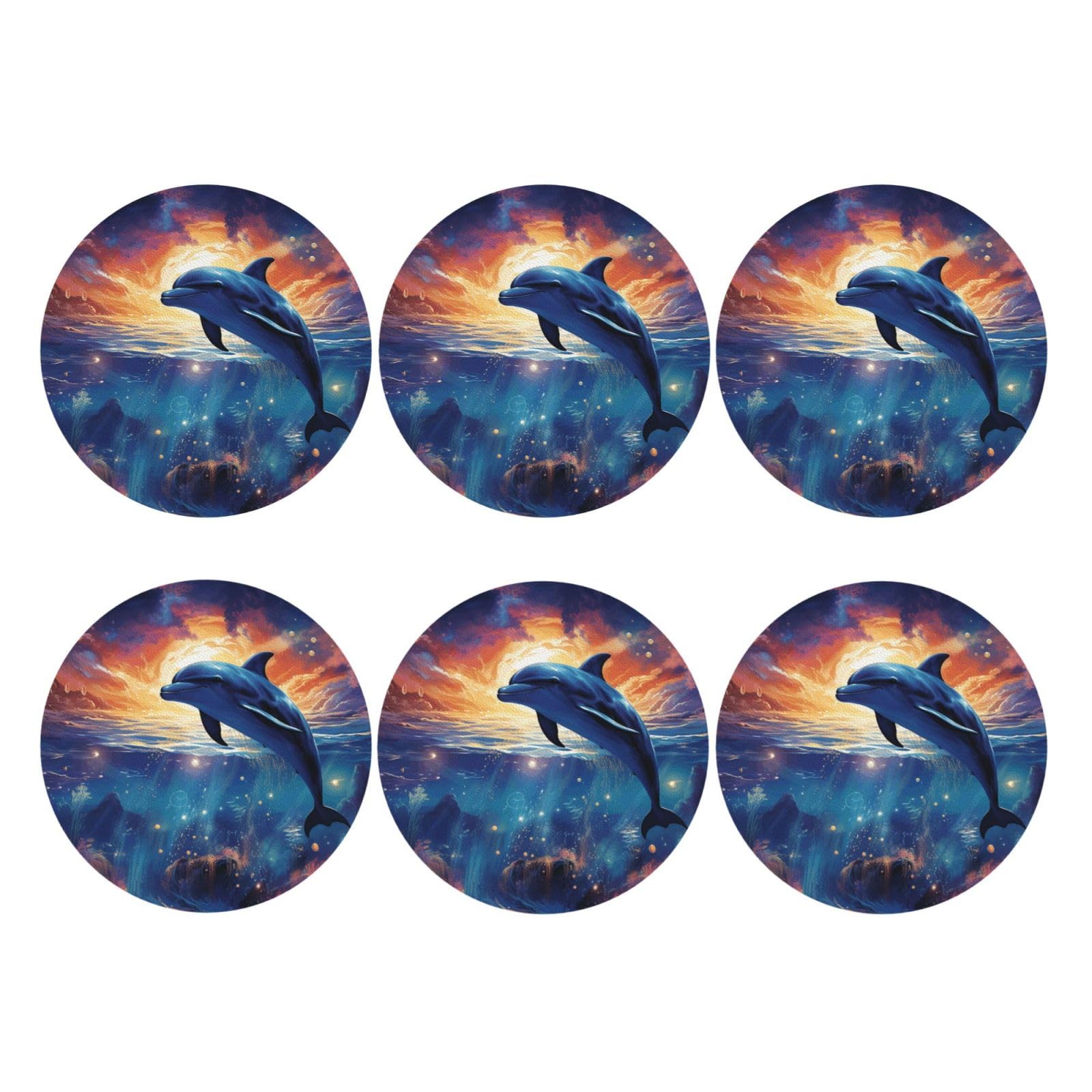 6pcs Leather Coasters for Drinks, Colorful Starry Sky Ocean Dolphin Drink Coasters for Tabletop Protection, 4" Cup Coasters for Coffee Table Decor, Non-Slip Drinking Cup Mat for Hot Or Cold Drink