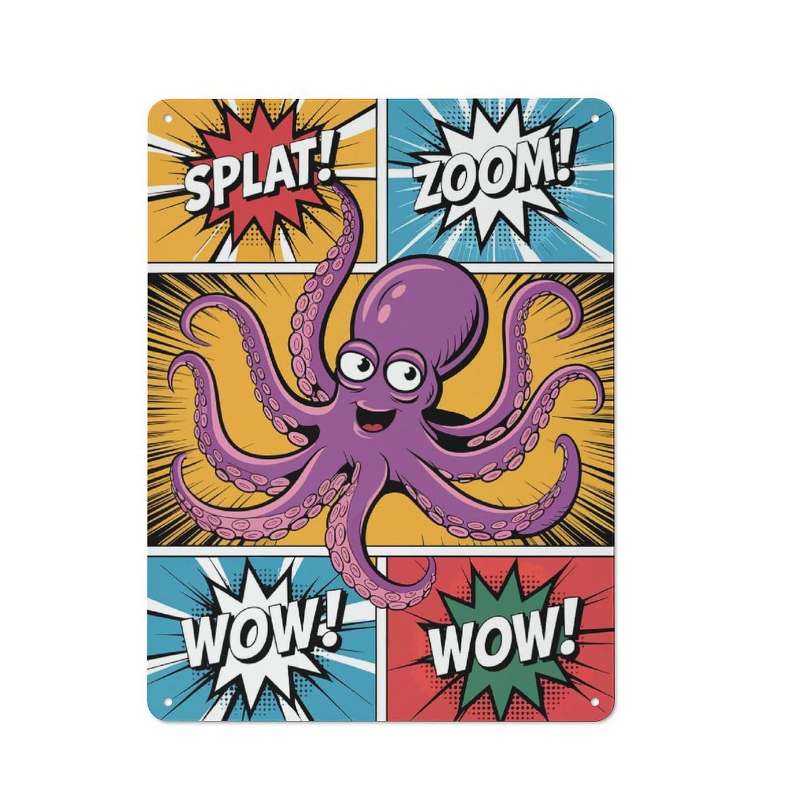 Vintage Metal Sign with Octopus Comic Art Design 40x30cm, Vintage Bar Wall Plaque for Cafe, Pub, Workshop Or Home Bar