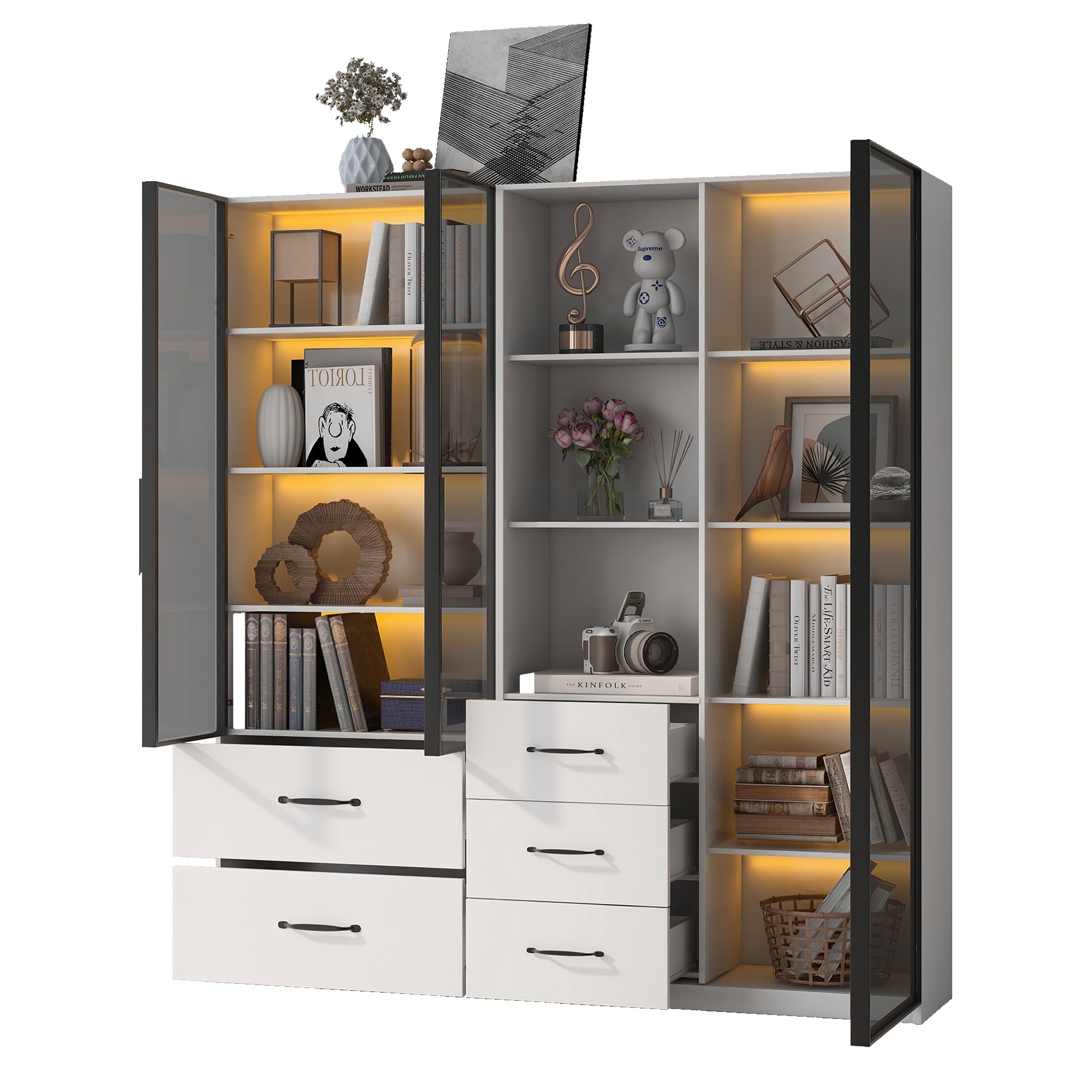 Vetrina in vetro 140 x 40 x 160 cm, armadio alto, libreria e armadio multifunzione con scomparti in vetro e aperti, cerniere a chiusura delicata, vetrina LED multicolore