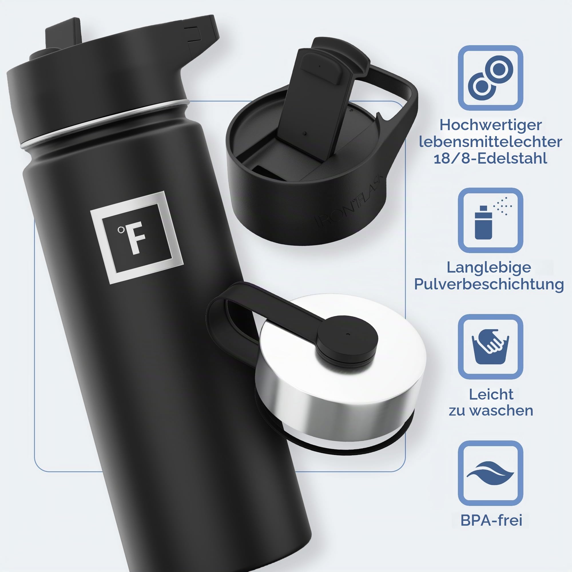 IRON °FLASK Sportwasserflasche - 18 Unzen, 3 Deckel (Strohdeckel), vakuumisolierter Edelstahl, heiß kalt, Moderne doppelwandige, einfache Thermobecher (blau)