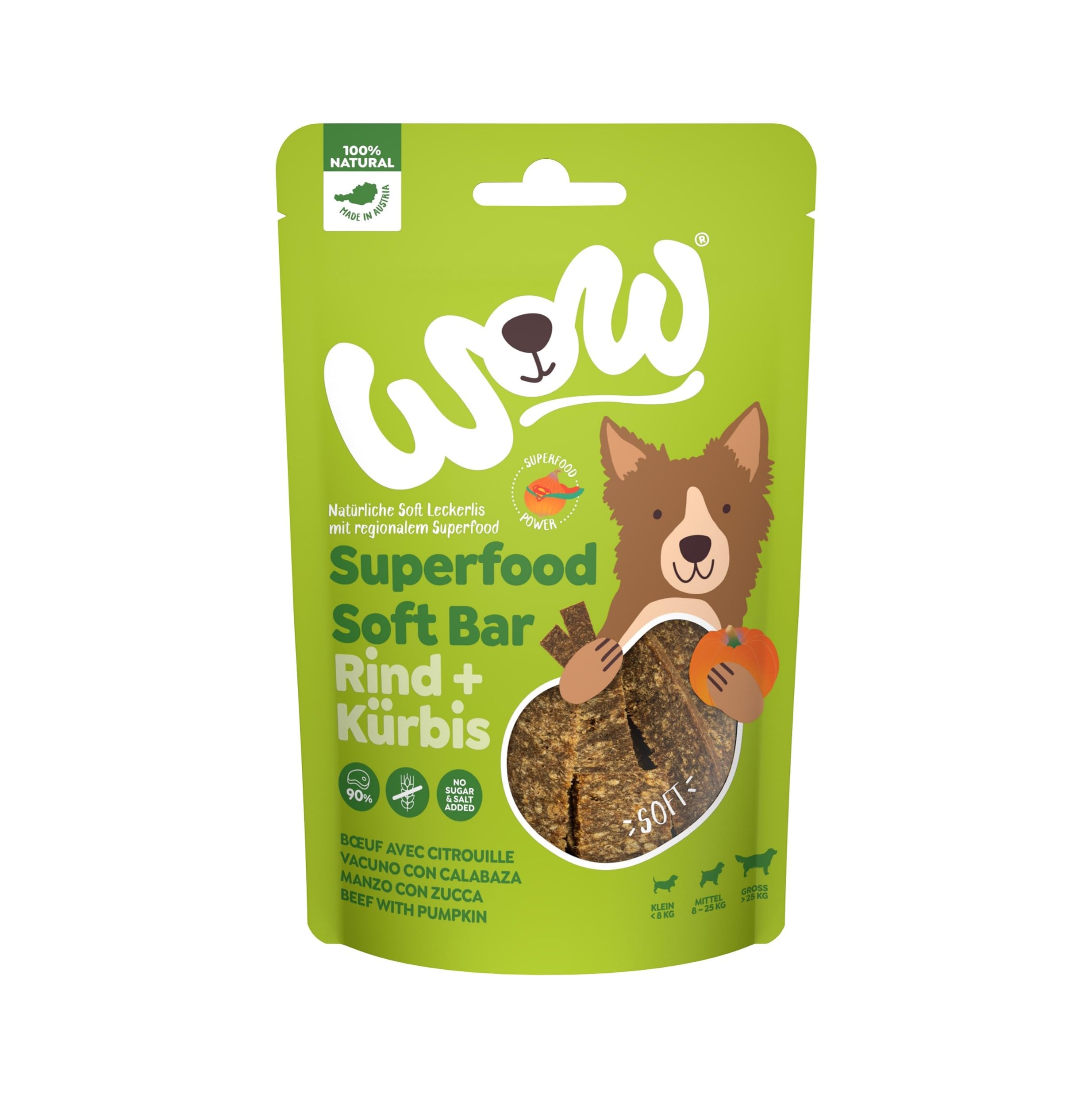 Wow Snacks Blandos para Perros | Varios Sabores | 6 x 150 Gr | (Vacuno con Calabaza)
