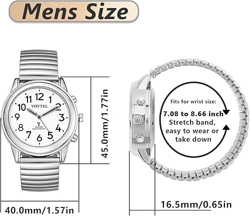 Miniatura 37 de English Talking Men's Watch for Elderly, Low Vision or Visually Impaired, Loud Sound, Large Numbers, Bold Hands, Stainless Steel Expandable Strap