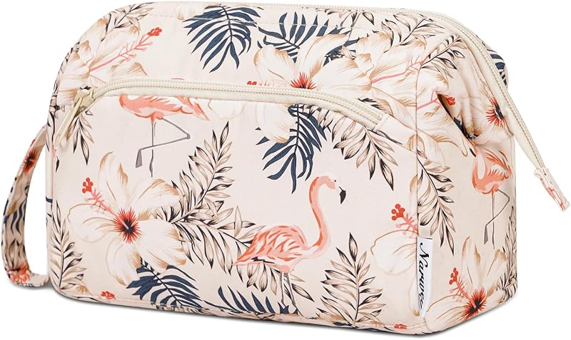 Narwey Necessaire de maquiagem e cosméticos para viagem, abertura ampla, B-Beige Flamingo