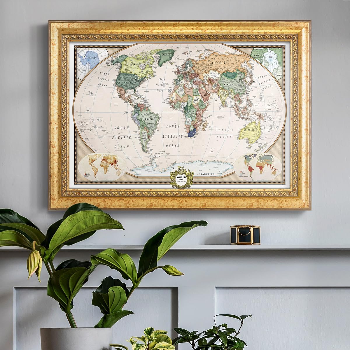Renditions Gallery Colorful World Map Canvas Wall Art with Vintage Gold Frame Wall Hanging Travel Map with Push Pins for Home, Office, Classroom