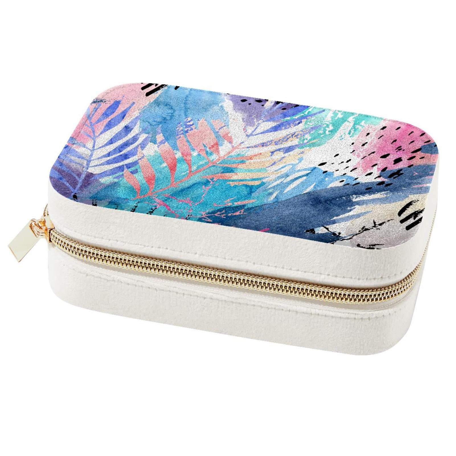 Boîte à bijoux portable aquarelle pour femme, petit rangement feuilles fait main
