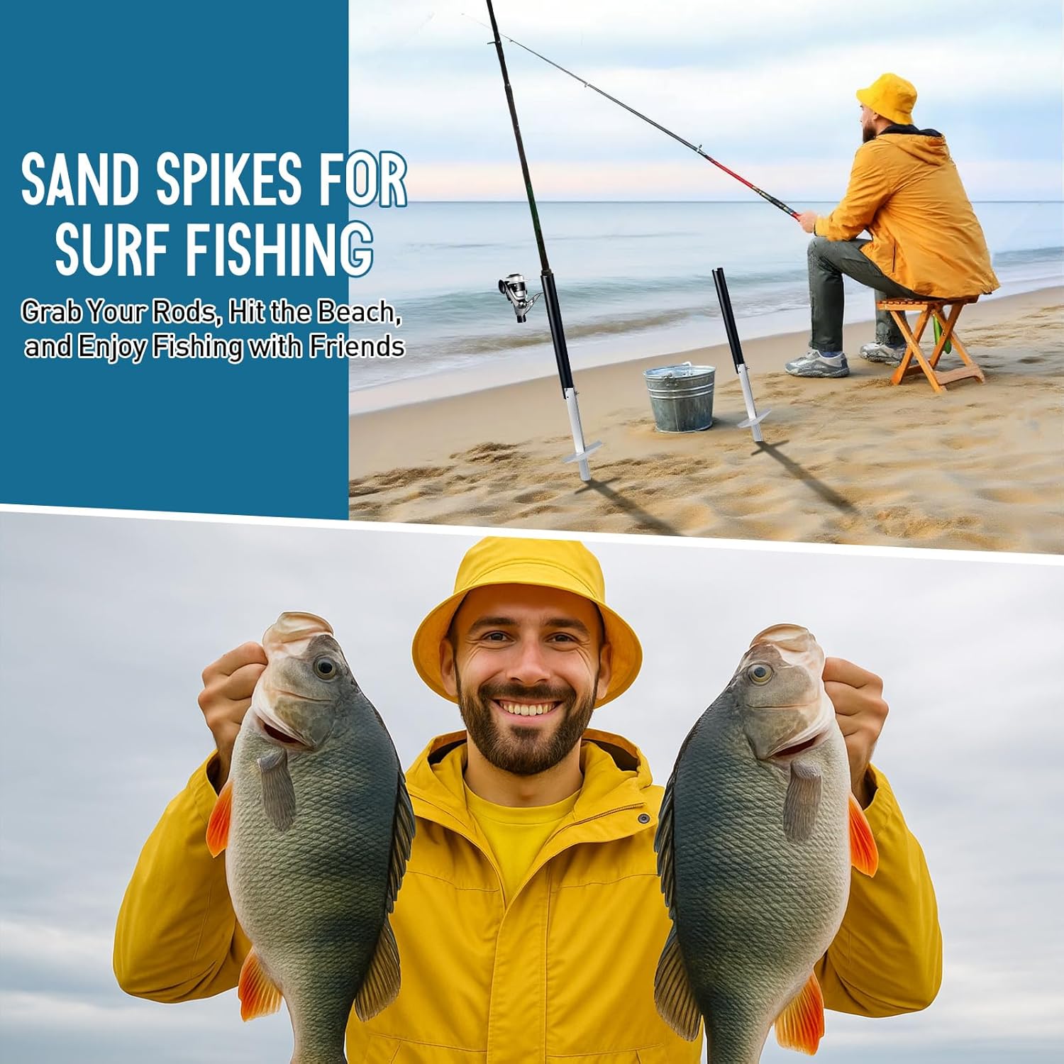 Sand Spikes for Surf Fishing, Sand Spike Rod Holder, Surf Rod Holder with Alumina Sharp Tip and Welded Foot Plate for Stable Beach and Shoreline Support, Tool Free Assembly for Riverbank Fishing