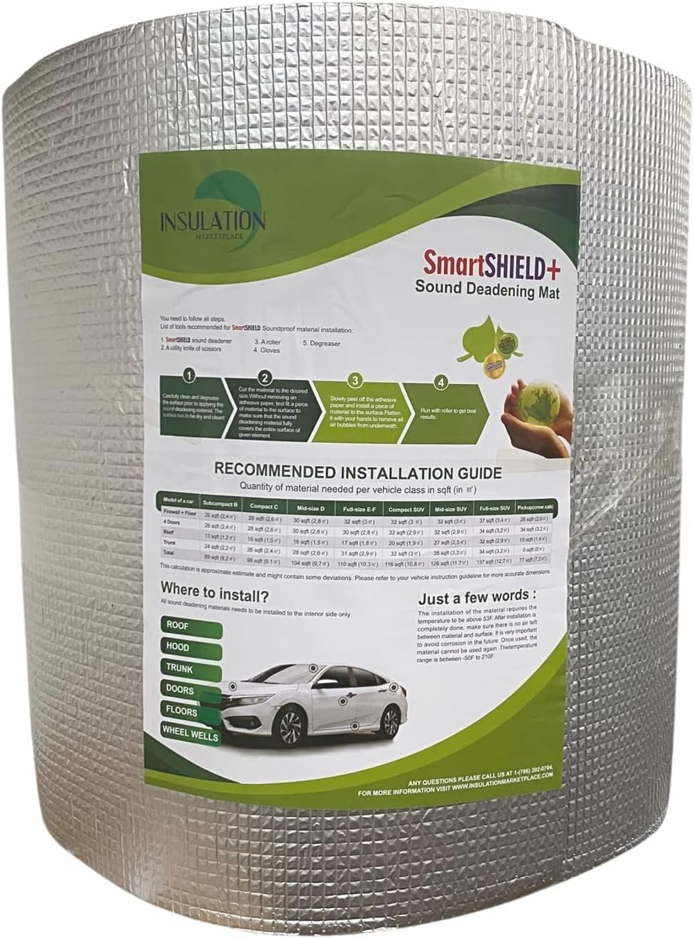 SmartSHIELD 16" x 28ft., 36 Sq. Ft. Car Noise Sound Deadening Mat, Heat Insulation Closed Cell Foam - Self Adhesive - Aluminum + XPE Foam + Glue (Thickness 118 mil / 0.118 inches / 3mm)