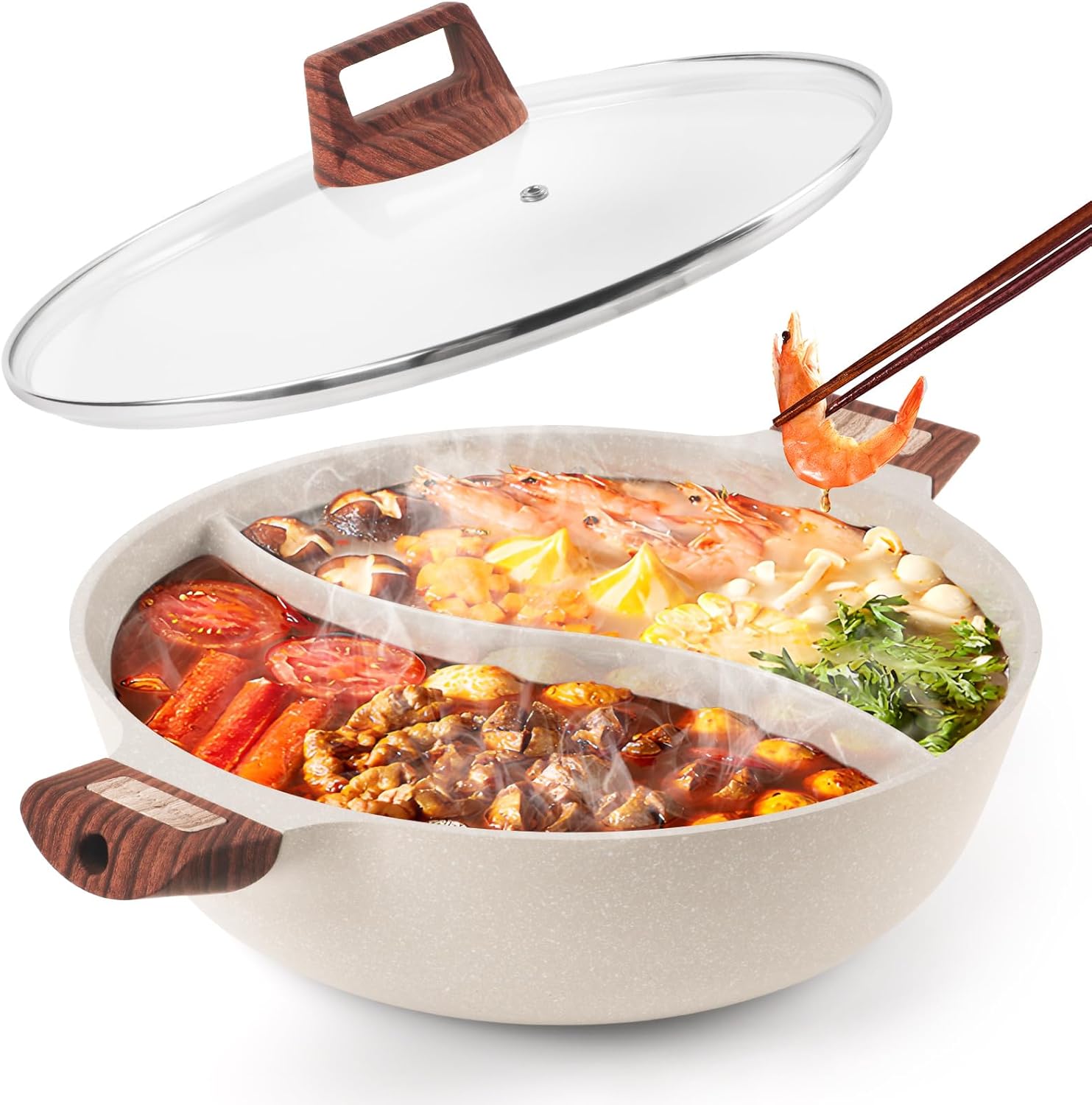 Hot Pot with Divider Non-Stick 7-QT Double-flavor Shabu Shabu Pot for Induction Cooktop Dia 12.6'' Divided Stockpot for Cooking Two-flavor Cookware 7 Quarts