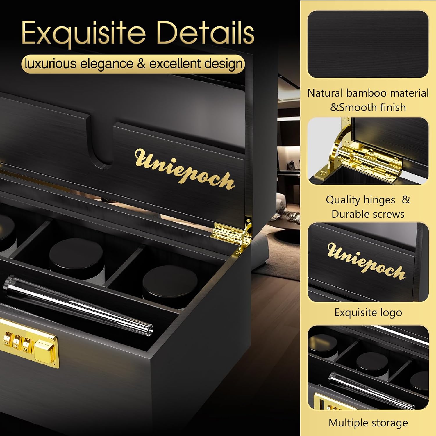 Large Black Bamboo Stash Box with Combo Lock & Tray | Smell-Proof, Secure Storage for Herbal Organizing, Includes Glass Jars & Rolling Tray image 3