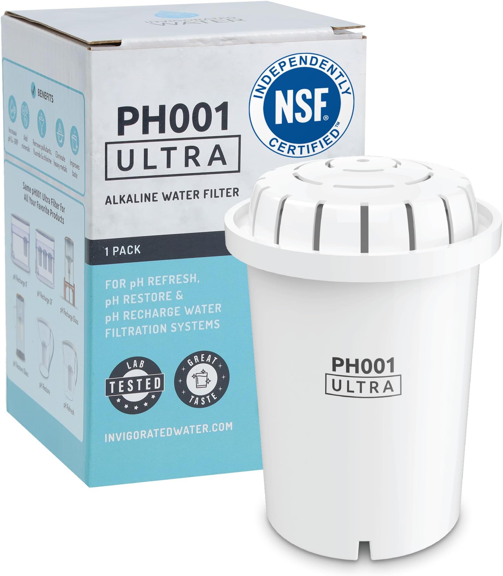 Invigorated Water PH001 Ultra Alkaline Water Filter – Replacement Cartridge for Pitchers – pH Water Filter, 379 Liters Capacity (1-Pack White)